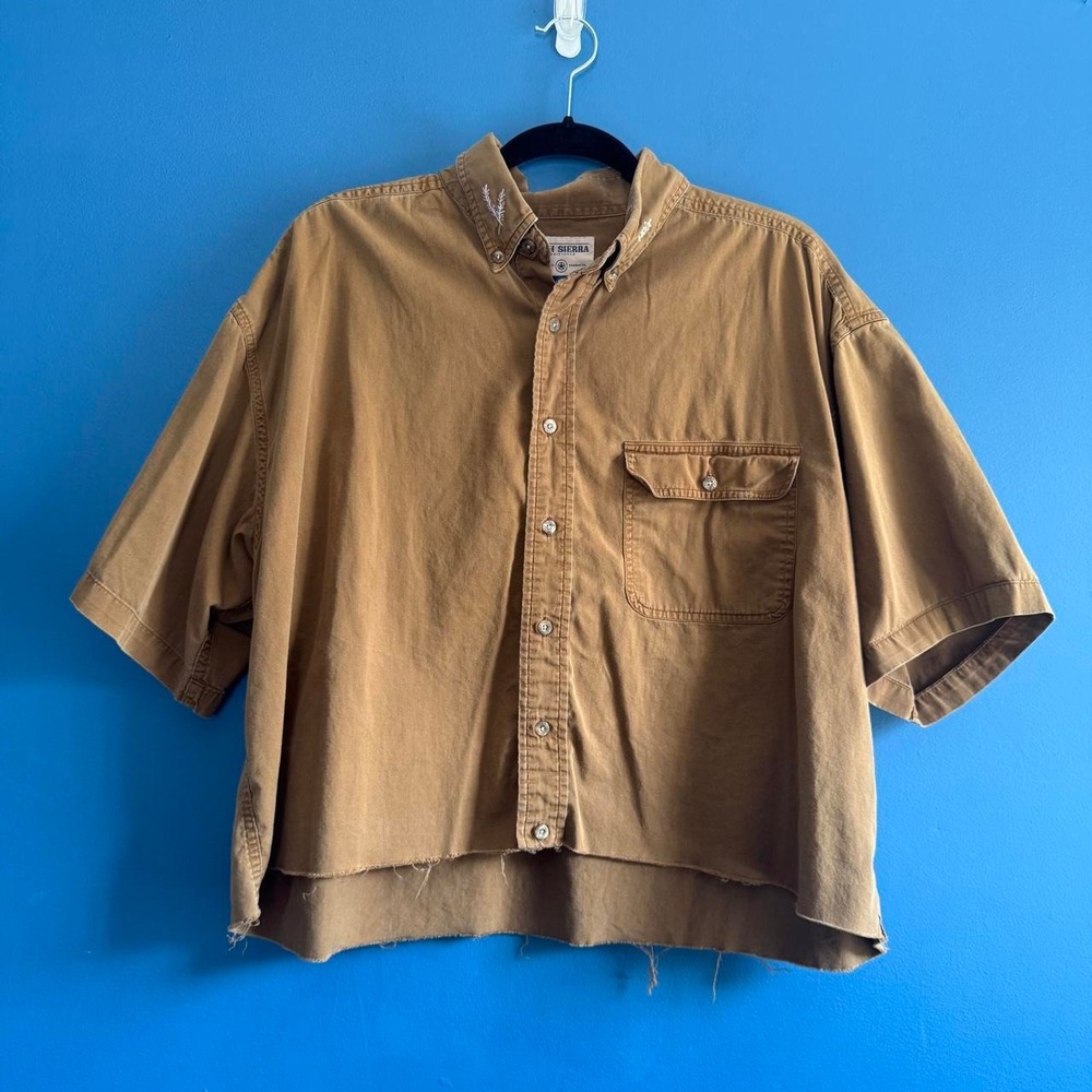 Vintage Embroidered Shirt Women's Size Large Brown Collared Floral Frayed Masc